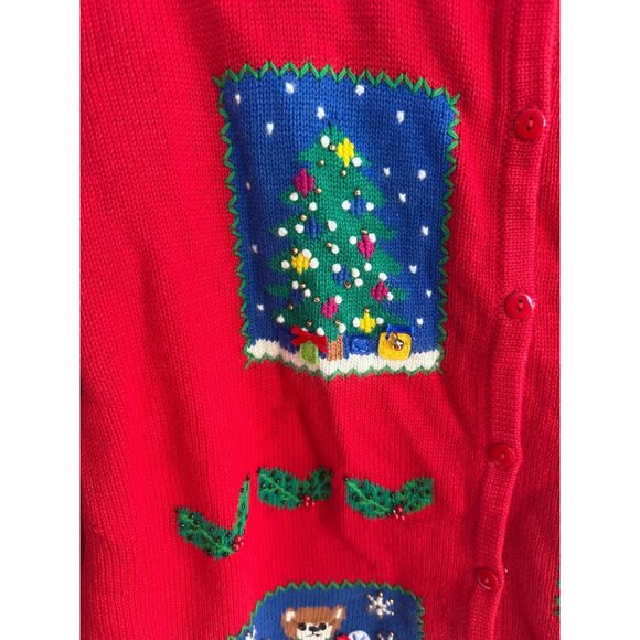 Vtg 90's Christmas Knit Cardigan Sweater Women's XL Red Tree Snowman Snowflakes - Picture 5 of 16